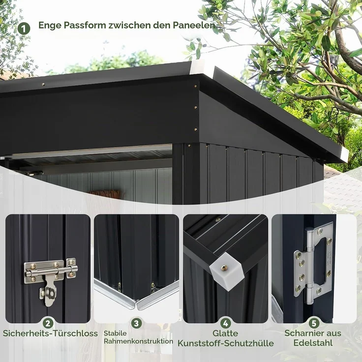 Aoxun Gerätehaus Metall 150x91x185cm, Geräteschuppen, Pultdach mit Belüftungslöcher Abschließbarer Tür für Outdoor Garten Schuppen,Schwarz – Bild 6