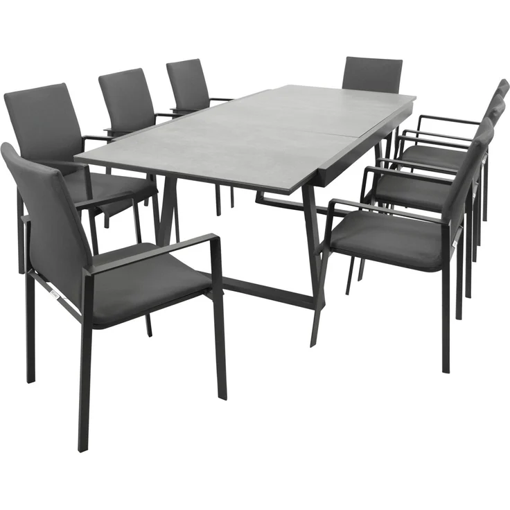 DEGAMO REIMS Gartengarnitur, Alu + Keramikoptik, anthrazit, 7-teilig grau (6x Stapelsessel, 1x Ausziehtisch 180/240x100cm) – Bild 1