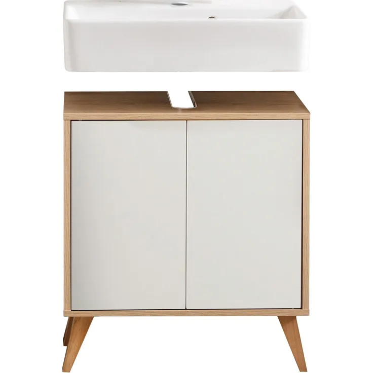 FACKELMANN FINN Waschbecken mit Unterschrank 60 cm breit, Weiß/Braun hell, Waschbecken Keramik Weiß + Holzfüße