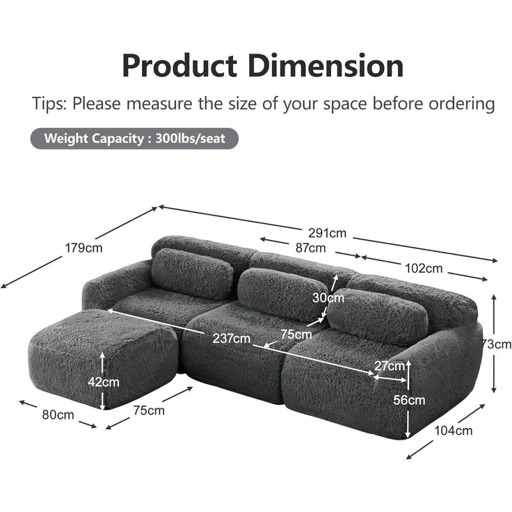 3 Sitzer Sofa Hocker L Form modular Grau 3-Sitzer Sofa + 1 Hockern – Bild 2