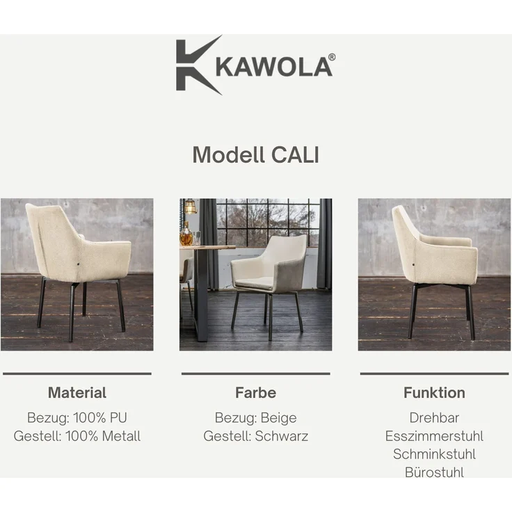 Stuhl Cali Sessel Microfaser Esszimmerstuhl creme Füße matt-schwarz 88.5 x 61 x 56 cm – Bild 7