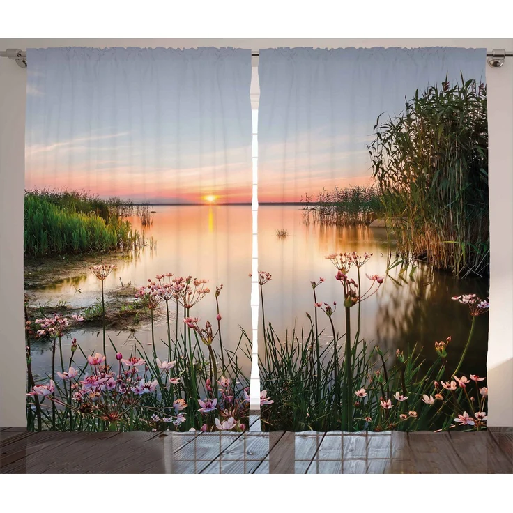 Abakuhaus Gardine Schlafzimmer Kräuselband Vorhang mit Schlaufen und Haken, Natur Sonnenuntergang am See Chudskoy – Bild 1