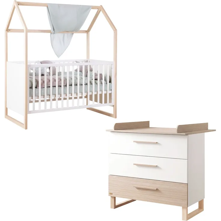 roba Kinderzimmerset Noah - Babyzimmer Set mit Babybett 70 x 140 cm und Wickelkommode - Holz in Weiß & Cashmere - Modernes 2-teiliges Set