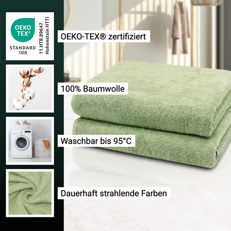 ZOLLNER 2er Set Badetücher, 100% Baumwolle, 100x150 cm, 420g/qm, hellgrün – Bild 3