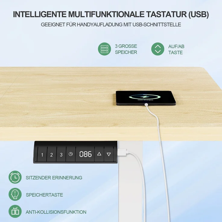 Elektrisch höhenverstellbarer Schreibtisch, Memory-Funktion, USB-Anschluss, Kabelmanagement, Holzwerkstoff / Metall, Beige, 160 x 80 cm, Höhe 72-118 cm – Bild 3