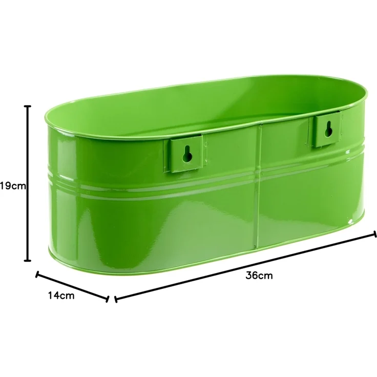 Blumenkasten oval, grün, 39 x 16,5 x 14,5 cm Stahlblech, mit fest montierten Haltern – Bild 4
