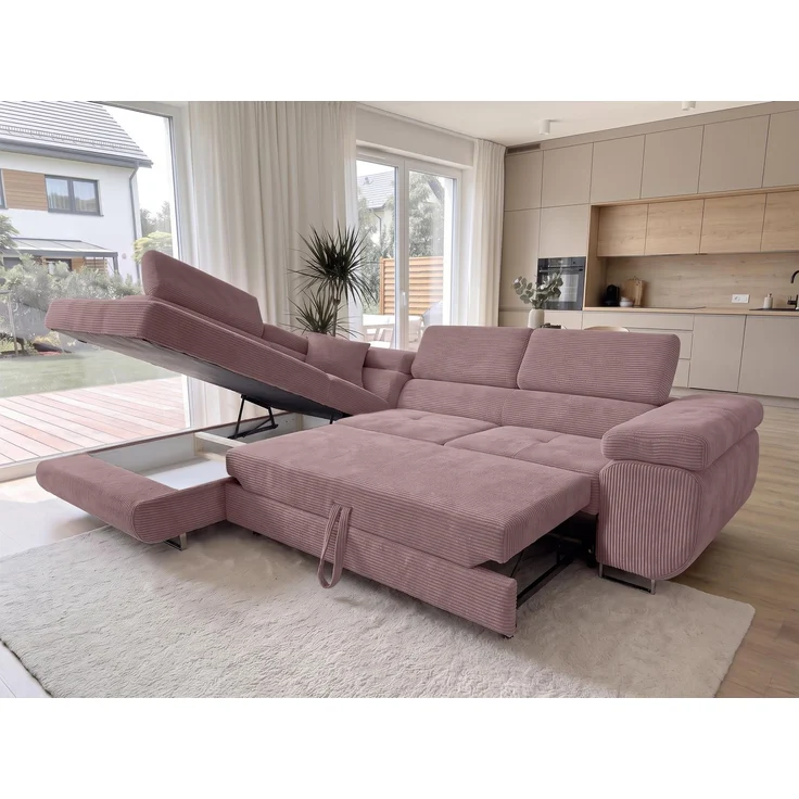 AX LIVING Konak Cord-Schlafsofa L Rosa 276 cm breit mit Bettkasten, Kopfstützen – Bild 3