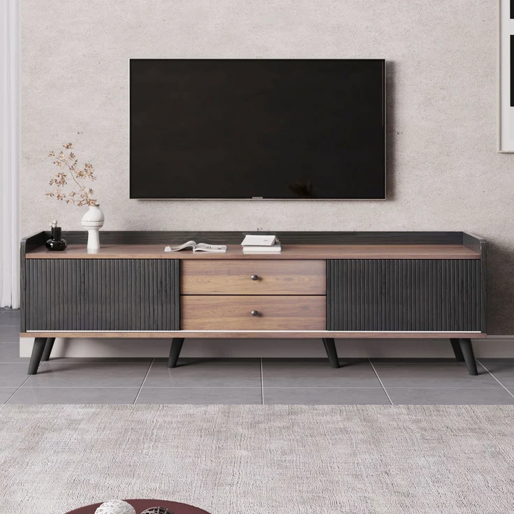 TV-Ständer 160 cm Schwarz & Holz, Sideboard mit gestreiften Schiebetüren, zwei Schubladen, Massivholzbeine – Bild 7