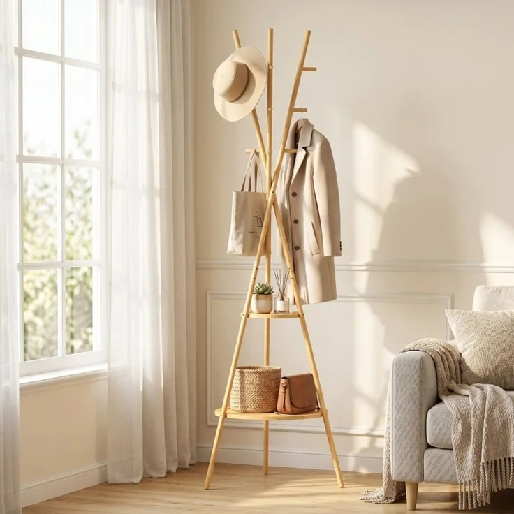 Garderobenständer mit 9 Haken und 2 Ablagen, 58,5×58,5×176 cm, Natur
