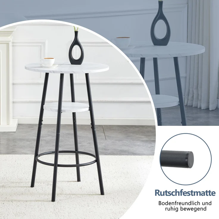 EINHOM Moderner Bartisch mit Stauraum, Weißer Marmoroptik und Schwarzem Metallrahmen, Durchmesser 60 cm, Höhe 89 cm, Zeitgemäßer Stehtisch für Küche, Esszimmer und Café – Bild 5