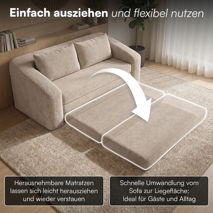 skølm 'Fjäll' Schlafsofa 2 Sitzer mit 2 Kissen, beige, Teddy-Bouclé Sofa ausklappbar, mit Liegefunktion, vakuumverpackt ohne Aufbau – Bild 7