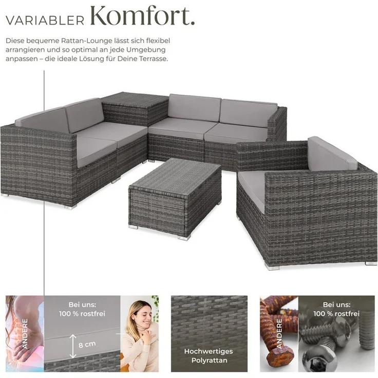tectake Loungeset Rattan Sitzgruppe mit Sicherheitsglasplatte für 5 Personen, (Gartenlounge-set Pisa, 7-tlg, 7-tlg. in Grau), widerstandsfähig und UV-beständig, Dicke der Polster 8 cm – Bild 2