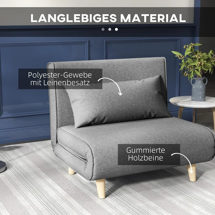 HOMCOM Relaxsessel mit Bettfunktion, verstellbare Rückenlehne, Leinenimitat, Tannenholz, Grau, 94 x 78 x 80 cm – Bild 5
