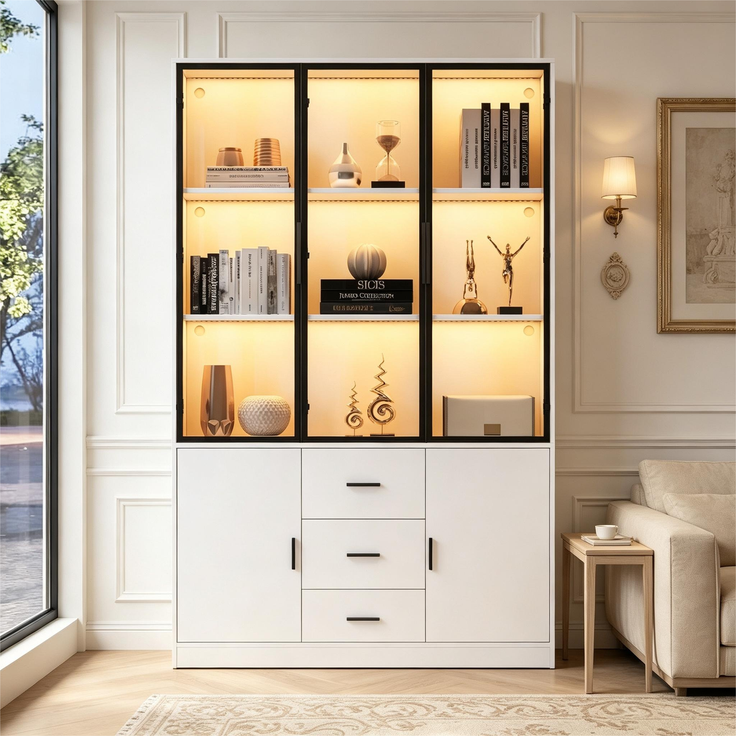 ZUBALIYA Vitrine mit Glasschrank Tür und LED-Licht, Vitrinenschrank Glasvitrine mit MultiStorage Bücherregal, Highboard Sammlervitrine mit Griff, 3 Schubladen & Türen, Wohnzimmerschrank, Weiß – Bild 8