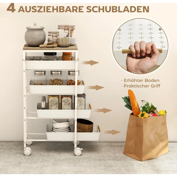 Rollwagen 39,5 x 24 x 82 cm mit 4 Schubladen, Metallrahmen und Holzoptik – Bild 8