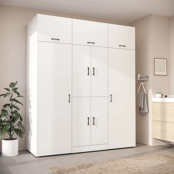 Roomart Waschmaschinenschrank - DORA-I- 190 cm breit - Wasch- & Trocknerschrank mit 2 Hochschränken, Türen & Ausziehbrett, Waschmaschinen-Überbau für Waschküche & Hauswirtschaftsraum • Weiß – Bild 1