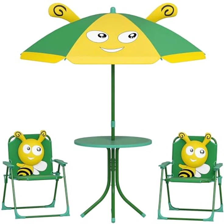 AIYAPLAY Garten-Kindersitzgruppe mit höhenverstellbarem Sonnenschirm, (Gartentisch, 2 Klappstühle, 4-tlg, Garten Kindersitzgarnitur), Bienen-Muster für 2-5 Jahre Kinder, Grün – Bild 2