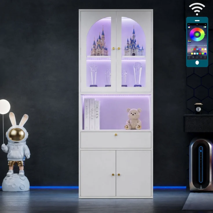 Glasvitrine, Bücherschrank, Büroschrank, Figurenschrank, Hochschrank, Stauraumschrank,Küchenschrank, mit RGB mehrfarbig dimmbaren LED-Leisten, per Smartphone-App steuerbar, weiß, 70 × 35 × 180 cm--Weiß--70x35x180cm--YOUDENOVA – Bild 2
