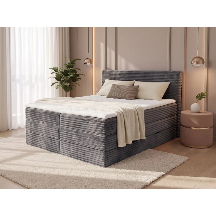 Boxspringbett Mollo XL mit 2 Bettkästen und Topper, mit Taschenfederkern- und Bonellfederkernmatratze, Doppelbett, Polsterbett aus Cordstoff mit Stauraum (Graphit (Tilia 90), 160 x 200 cm) – Bild 1