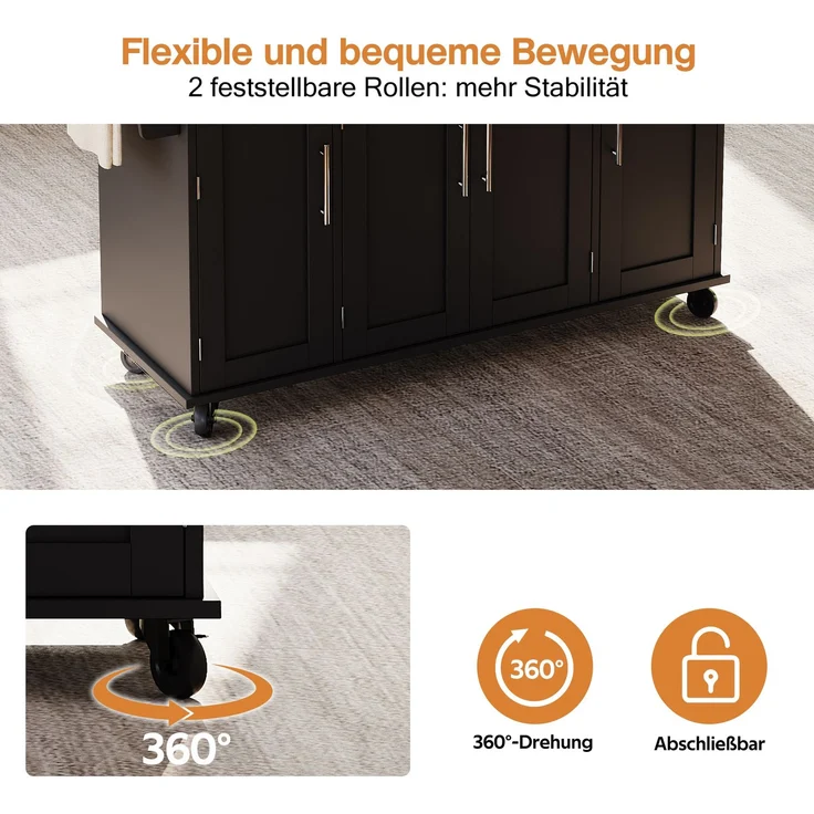 120×45cm,mobile Kücheninsel,Küchenwagen,ausziehbare Arbeitsplatte bis 70cm,verdeckte Besteckschublade,verstellbare Einlegeböden,Gewürzregal und Handtuchhalter,geeignet für Küche,Esszimmer oder Wohnzim – Bild 3
