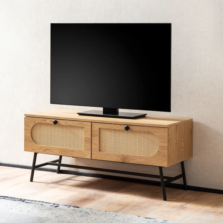 FINEBUY Lowboard FB104346 (Eiche Dekor 100 cm, Schublade Stauraum Geflecht), TV-Kommode Hoch, TV-Schrank Modern Fernsehtisch – Bild 1
