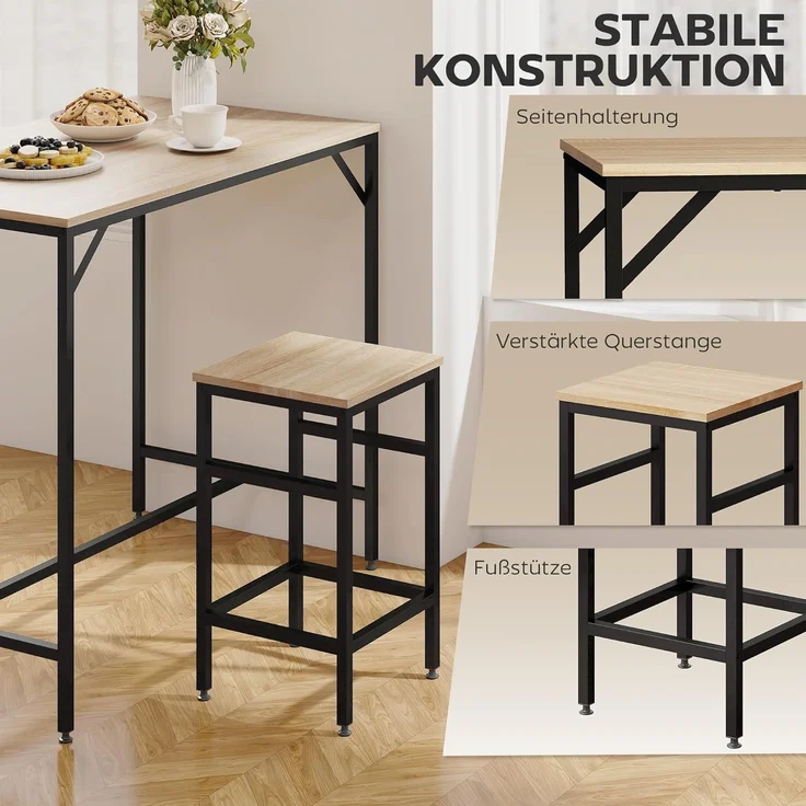 HOMCOM Bargruppe Bartisch mit Barhocker Set 5-teiliges Bartisch-Set Eiche, (5-tlg), Platzsparend – Bild 4