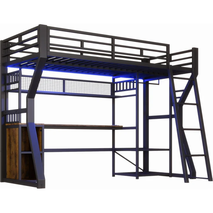 Hochbett, 90x200 cm, Eisenrahmen, mit Lichtleiste, Steckdose, Kleideraufhängebereich, Schreibtisch, Staufächer, Ablageböden, offener Raum unter dem Bett, ohne Matratze, Schwarz – Bild 10