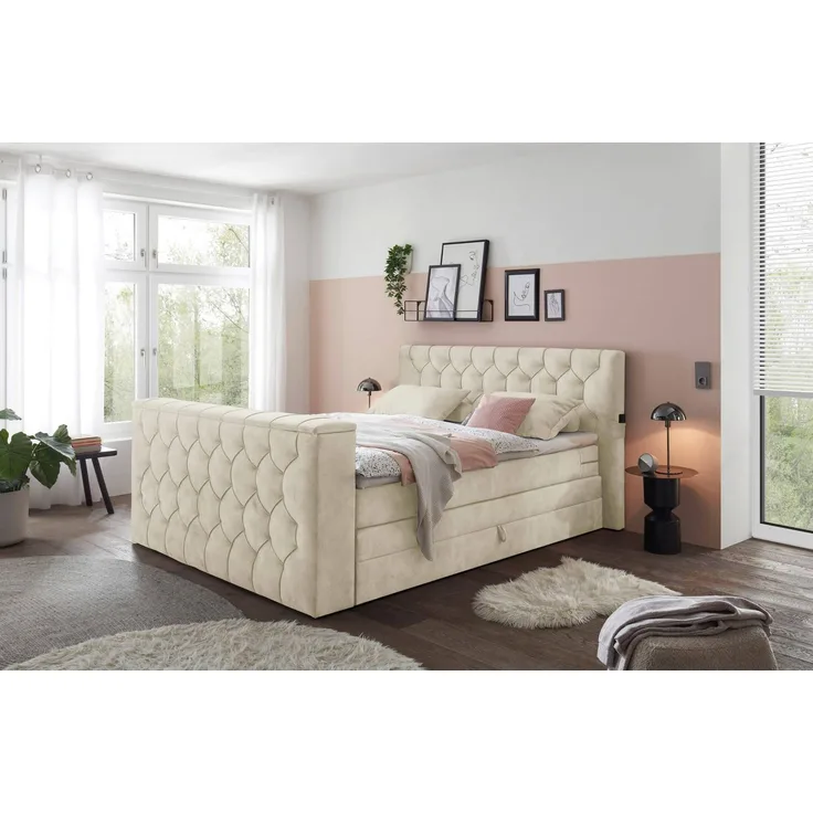 Boxspringbett Springdale - motorisierter TV-Halterung, geräumigem Bettkasten und Duo-Wendematratze H3/H4 - ED Exciting Design