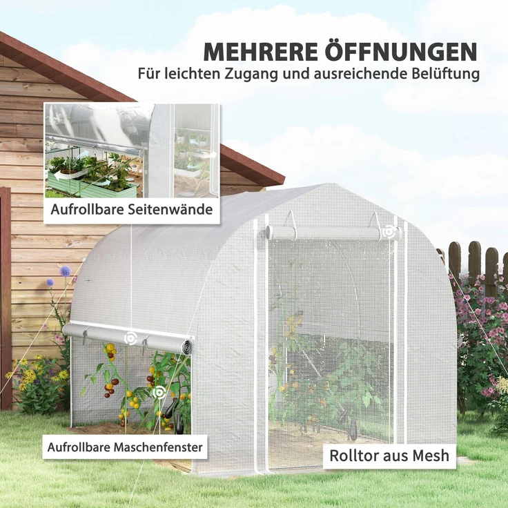 MELAYR, 3 x 2 x 2 m Polytunnel-Gewächshaus mit aufrollbaren Seitenwänden, Weiß – Bild 6