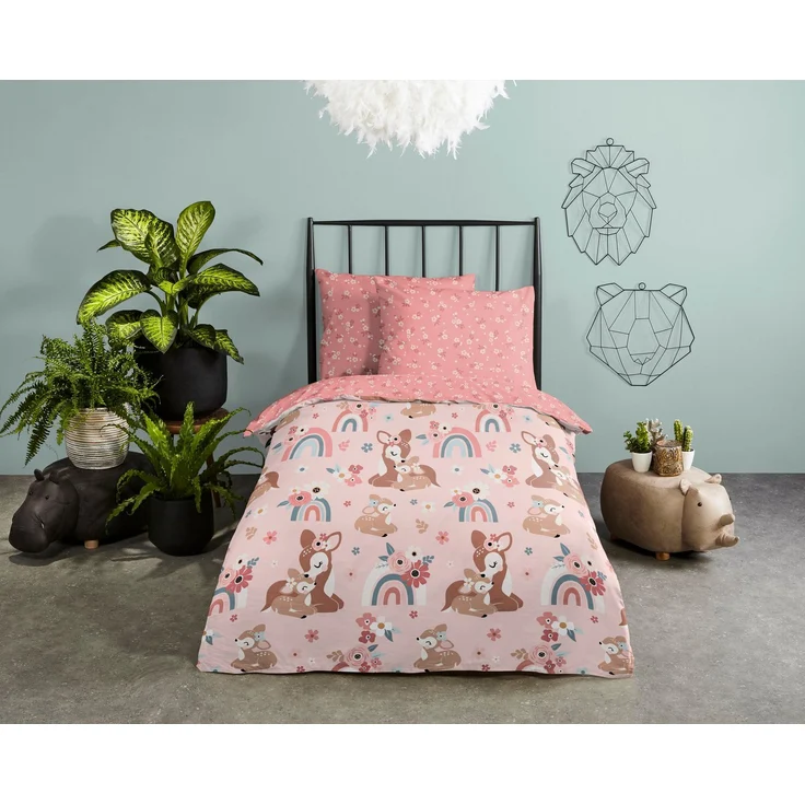 good morning Babybettwäsche Bibi blossom, Renforcé, 2 teilig, Baumwolle, 120x150, Reißverschluss, Wende, Baby, Mädchen, Bambi, Rosa – Bild 1