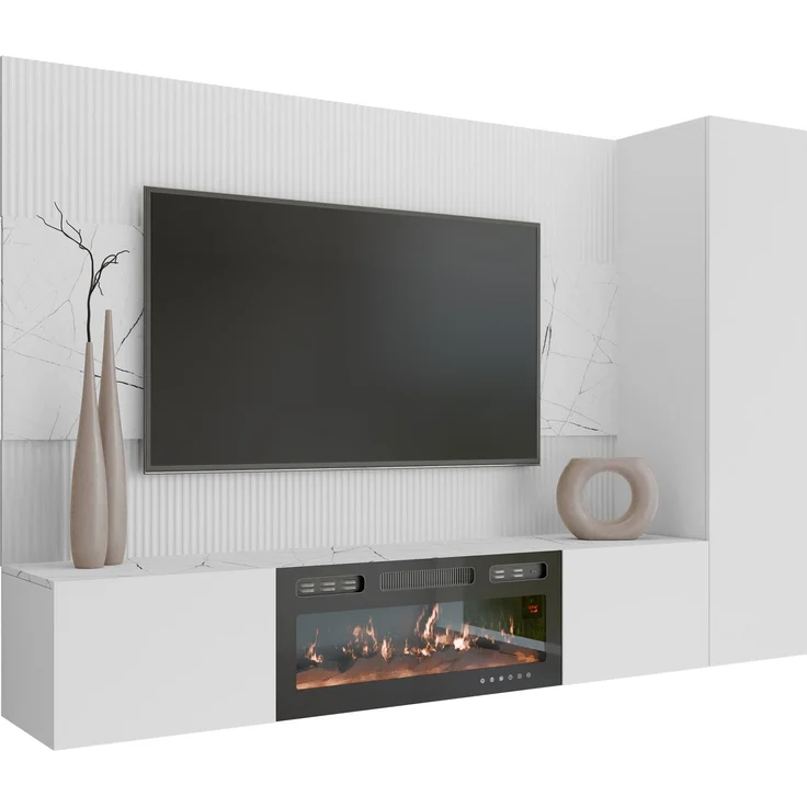 Wohnwand Deromi VI mit Kamin (Farbe: Weiß + Weiß Marmor) – Bild 2