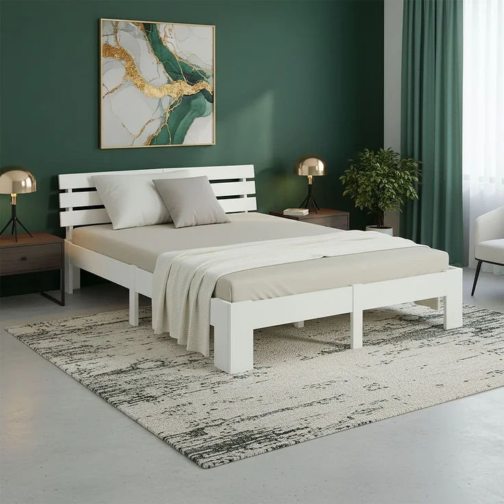 Holzbett mit Federkernmatratze 140x200 Weiß Jugendbett Doppelbett Bett Holzbettrahmen Massiv Holz Lattenrost – Bild 2