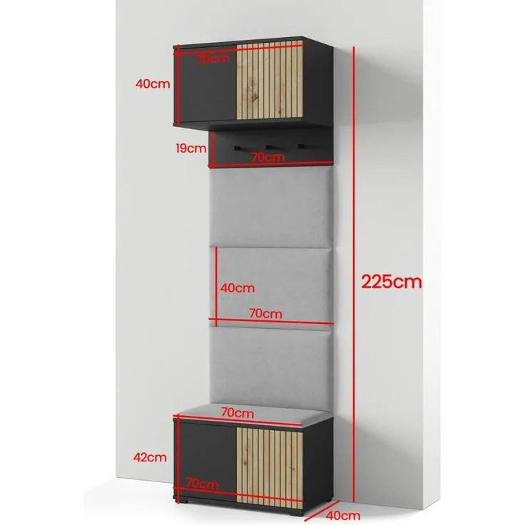 Garderoben-Set Rosario Version 5 mit Lamellen, mit Polsterplatten und Schuhschrank (Schwarz / Eiche Artisan, Trinity 06), 225 x 40 x 70 cm – Bild 2