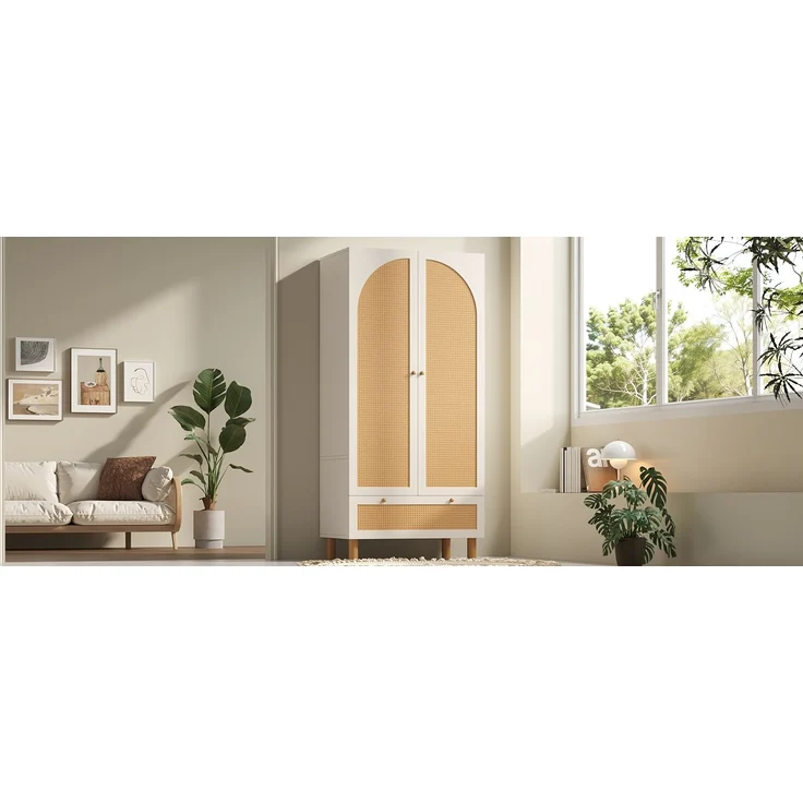 Landhaus Kleiderschrank Weiß Mit Rattan 180x85x52 cm Garderobenschrank Mit Höhenverstellbaren Regalen Und Schublade Hängebereich Landhausstil Wohnzimmerschrank Schlafzimmer Schrank – Bild 3
