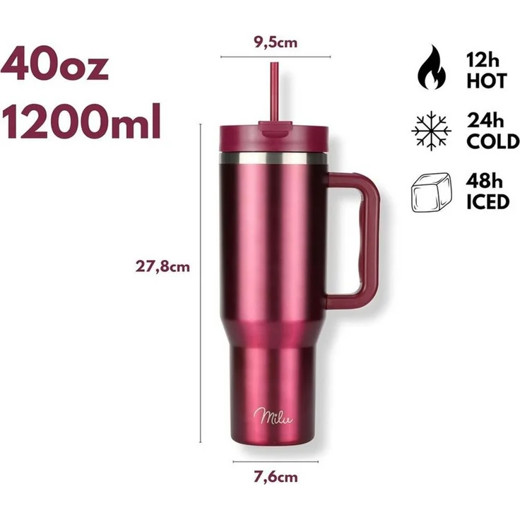 Milu Thermobecher Edelstahl Tumbler To Go 1200 ml, mit Strohhalm und Henkel – Bild 3