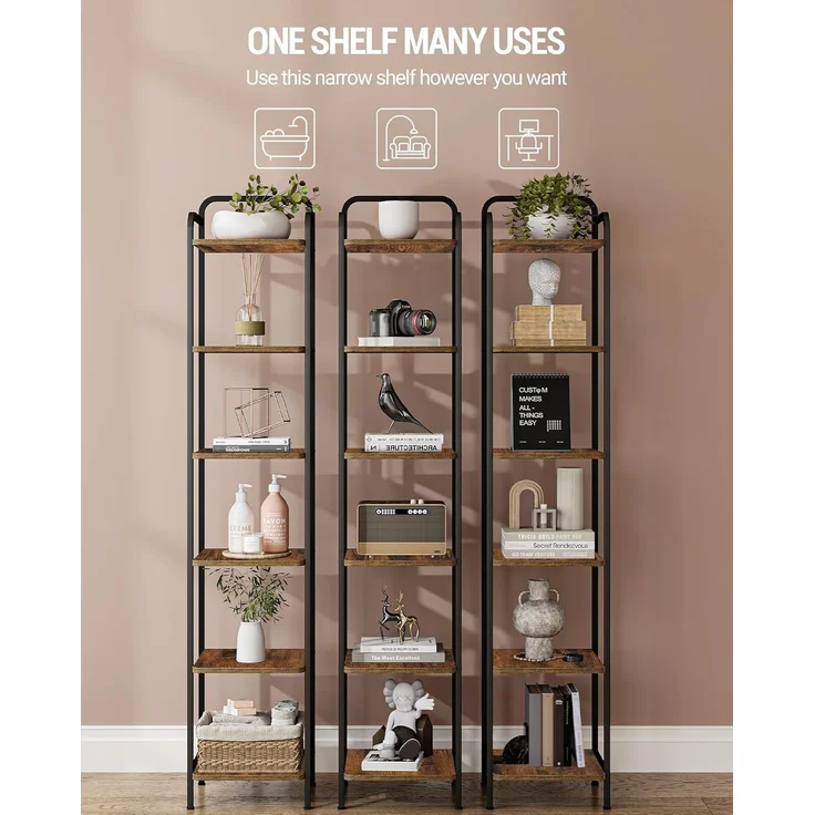 Bücherregal, Regal, Standregal, Schmales Bücherregal, Industrielles Eckregal, Schlankes Regal für Heimbüro, Wohnzimmer, Schlafzimmer, Küche, 6 Ebenen Vintagebraun-Schwarz – Bild 3