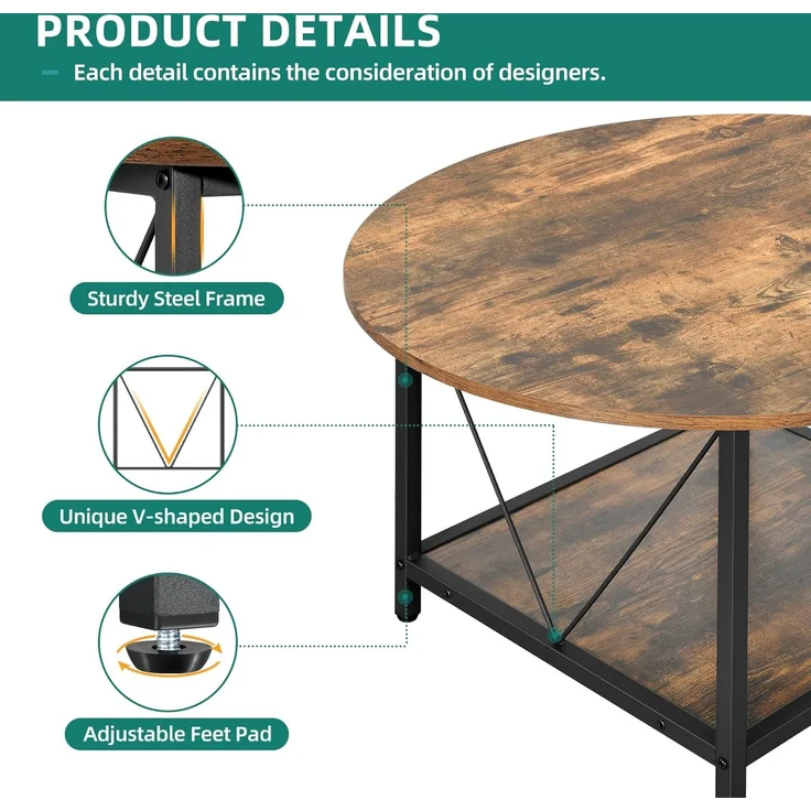 YITAHOME Runder Couchtisch, 80 x 80 x 46 cm Rustikaler Wohnzimmertisch aus Holz für Wohnzimmer mit Ablage, Moderner Bauernhaus Couchtisch mit Stabilen Metallbeinen, Heimmöbel – Bild 5