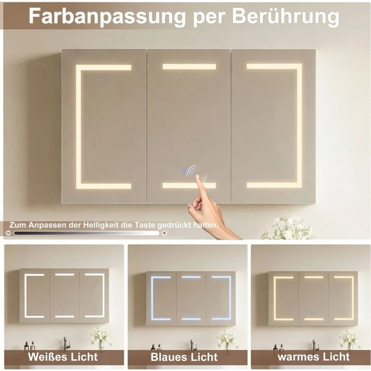 Simurq Spiegelschrank Badezimmerspiegelschrank 3 türig Hängeschrank mit LED Beleuchtung (3 Farbtemperaturen Dimmbar) Badspiegelschrank 100 x 13,5 x 60 cm mit Steckdosen, Anti-Fog – Bild 4