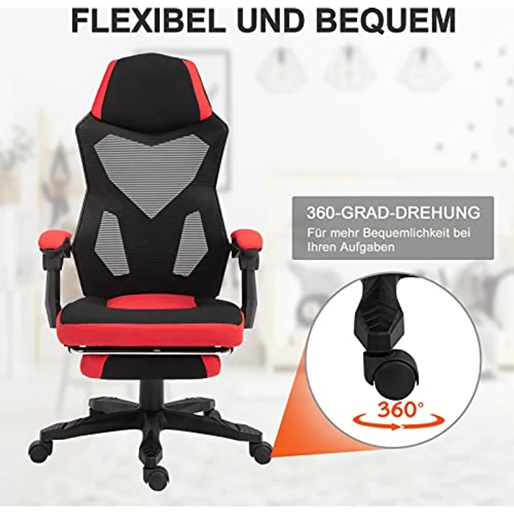 Vinsetto Bürostuhl mit Fußstütze, Höhenverstellbar, Ergonomisches Design, Rot & Schwarz – Bild 4