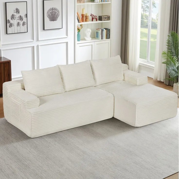 Ecksofa aus Cord, mit Schaumstoff und Taschenfederkern, 238x152x66 cm, Beige
