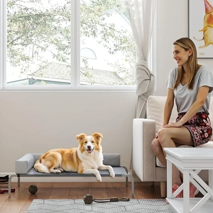 PawHut Tierbett mit L-förmige Kissen, rutschfesten Füßen, Polyester, für Mittelgroße Hunde, für Draußen Camping 110 x 75 x 30 cm, Hellgrau – Bild 6