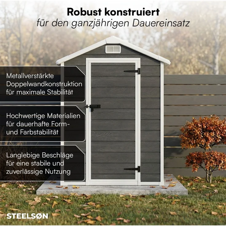 STEELSØN 'Novara' Gerätehaus Satteldach, Kunststoff, dunkelgrau mit Holzoptik, wetterfest, 202x103x134 cm, abschließbar, Gartenhaus mit Fenster – Bild 2