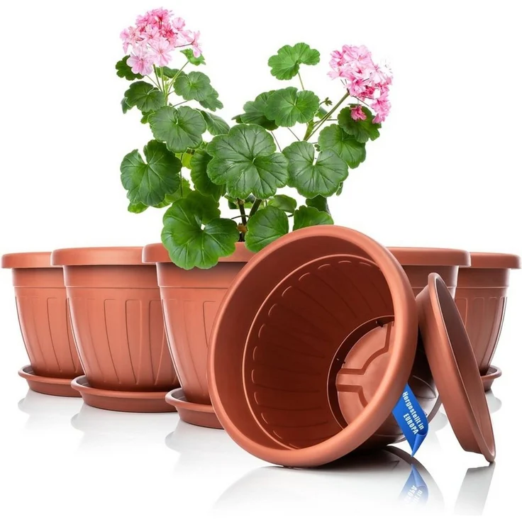 BigDean 6X Blumentopf mit Untersetzer rund ø33xH25 cm Terracotta - wetterfester Pflanzkübel - Wasserablauf UV-beständig aus bruchsicherem Kunststoff - Innen + Außen geeignet - Made in Europe – Bild 5
