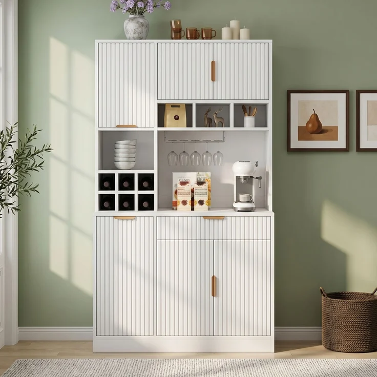 EINHOM Buffetschränke, Esszimmer-Hochschrank 100 x 40 x 175 cm, Mehrstufigem Stauraum, Integrierter Steckdose sowie USB-C- und USB-A-Anschlüssen, Inklusive Weinglasablage und Flaschenaufbewahrung, Weiß – Bild 5