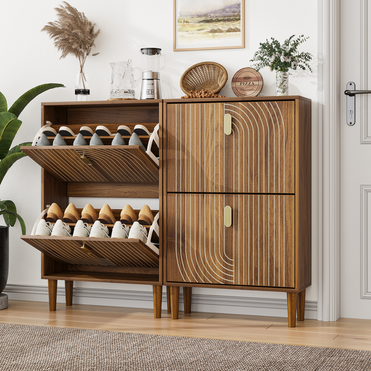 Schuhschrank, 60 cm breit, aus MDF und Spanplatte in Walnussfarbe, mit Rillendesign