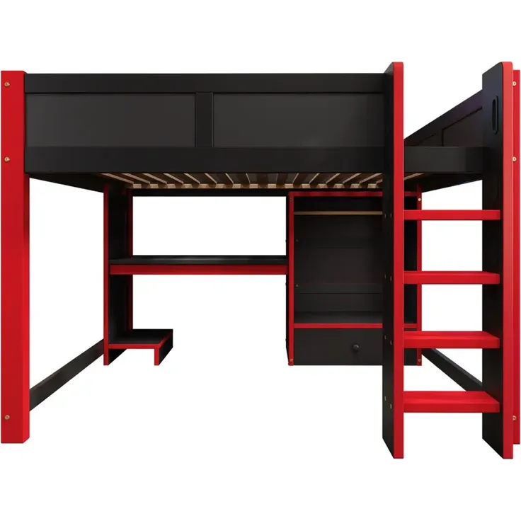 Hochbett mit Schreibtisch, LED-Streifen, Kleiderschrank, PC-Ständer, Leiter, Schubladen, Rausfallschutz, 140x200cm, Kinderbett – Bild 8