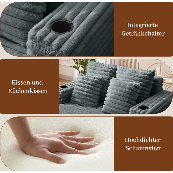 Wohnora-Überdimensionale Chaiselongue, Kunstfell-Schlafsofa mit Getränkehalter, wolkenweicher Sessel, keine Montage,H 86cm x T 135cm x B 128cm,Dunkelgrau