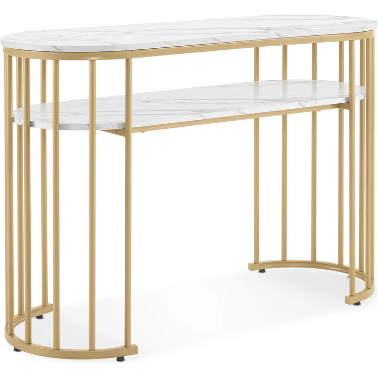 M MCombo Schreibtisch ohne Schubladen, Schminktisch ohne Spiegel Marmor-Weiß Gold, Manikürtisch, Nageltisch aus Holz Metallgestell, Computertisch Wohnzimmer Modern, 2482