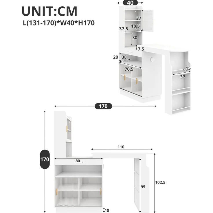 ZUBALIYA Küchenschrank mit Glastüren / Barschrank & Sideboard, mit ausziehbarer Bartisch & Stehtisch mit Stauraum und steckdose, Weiß, 131–170 x 40 x 170 cm, fürs Büro, mit LED, Samt – Bild 12