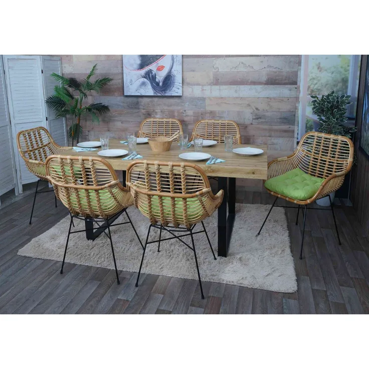 6er-Set Esszimmerstuhl HWC-P17, Küchenstuhl Korbstuhl Rattansessel Rattanstuhl Stuhl, Kubu Rattan Metall ~ Polster grün